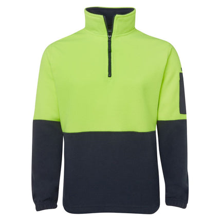 A front view of a two-tone fleece pullover. The top is neon yellow, and the bottom and sleeves are dark blue. It has a high collar with a black half zipper.