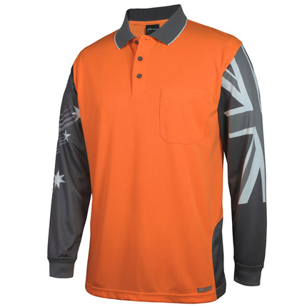 A close-up of an orange and dark gray long-sleeve polo shirt. It has a high collar with white piping and features a Southern Cross star on the left sleeve and a Union Jack on the right.