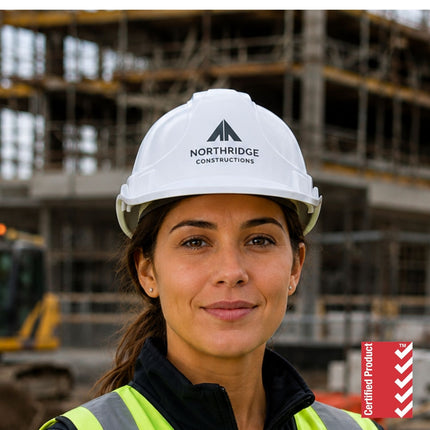 A woman in a JB's Wear Push-Lock Safety Helmet - Custom Hard Hat with FREE Logo stands at a construction site in a safety vest. The AS/NZS 1801:1997 certified logo is shown in the corner, with scaffolding and equipment behind her.
