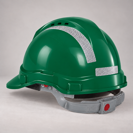 Green JB's Wear 8S001 push-lock helmet with white reflective strips and no front logo; product visualisation