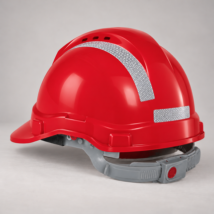 Red JB's Wear 8S001 push-lock helmet with white reflective strips and no front logo; product visualisation