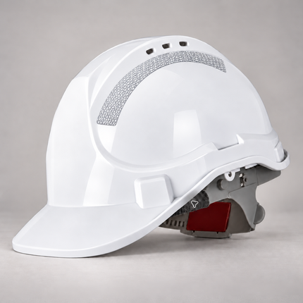 White JB's Wear 8S001 push-lock helmet with white reflective strips and no front logo; product visualisation
