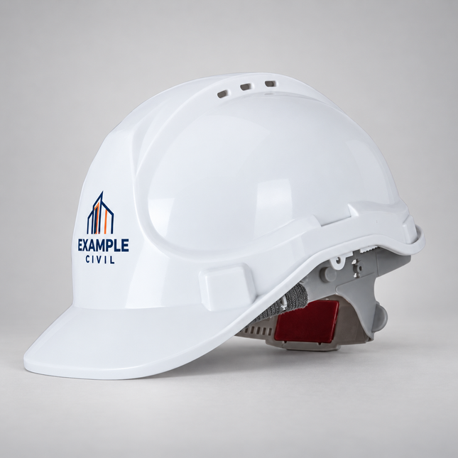 White JB's Wear 8S001 push-lock safety helmet with an example full-colour front logo on a soft grey studio background