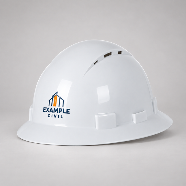 White JB's Wear 8S005 full-brim safety helmet with an example full-colour front logo on a soft grey studio background