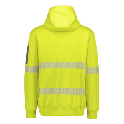 A rear view of a high-visibility neon yellow hoodie with a hood. It has reflective stripes across the back and arms.
