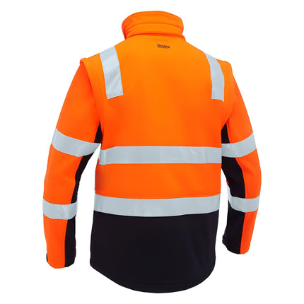 A rear view of a bright orange and black work jacket. It has two wide, gray reflective stripes across the back and matching stripes on the arms.