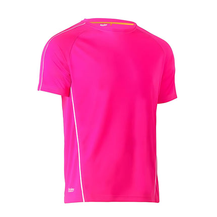 A close-up of a fitted bright pink short-sleeve shirt with a high collar and white piping on the sleeves and sides.