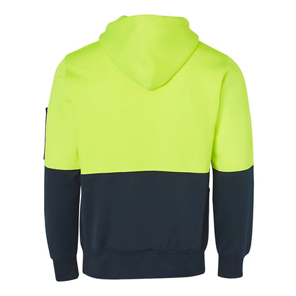 A rear view of a two-tone hoodie. The top is neon yellow, and the bottom and sleeves are dark blue.