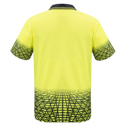 A rear view of a neon yellow polo shirt with a black collar. It features a black geometric pattern on the hem and sleeves.