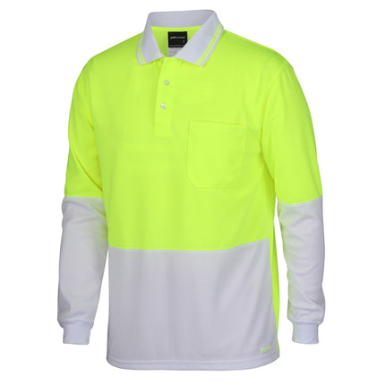 A long-sleeve polo shirt. The top is bright yellow, and the bottom and sleeves are white. It has a white collar with two thin yellow stripes and a single chest pocket.