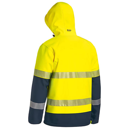 A rear view of a two-tone work jacket. The jacket is bright yellow and dark blue with a hood and two wide reflective stripes across the back.