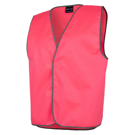 A close-up of a bright red high-visibility vest with gray trim. The vest has a V-neck and a front closure with hook and loop fasteners.