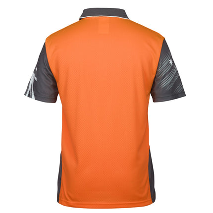 A rear view of an orange and dark gray short-sleeve polo shirt. The back is all orange, and the sleeves and side panels are dark gray with white graphics.