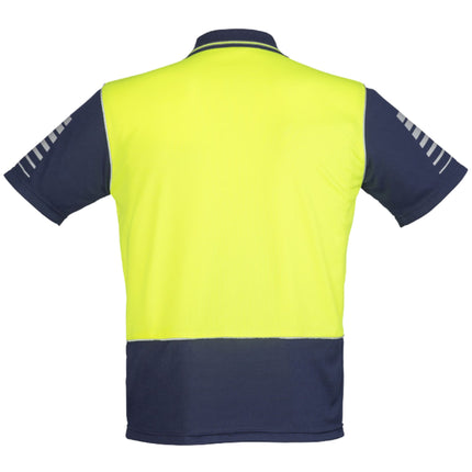 A rear view of a two-tone polo shirt: neon yellow top, dark blue bottom. It has a collar and gray reflective stripes on the arms.