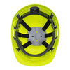 Interior of yellow Portwest PS55 safety helmet showing suspension harness and ratchet adjustment