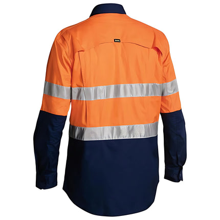 A rear view of a two-tone long-sleeve work shirt. The back is bright orange with two gray reflective stripes, and the bottom and sleeves are dark blue.
