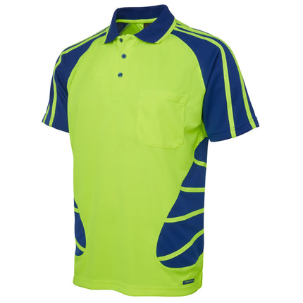 A close-up of a neon yellow and dark blue short-sleeve polo shirt. It has a high collar with two thin stripes and a black, athletic-style striped pattern on the sides and sleeves.