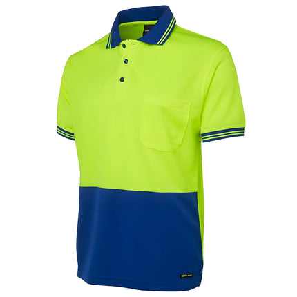 A close-up of a two-tone polo shirt. The top is neon yellow, and the bottom and collar are dark blue. It has thin stripes on the collar and sleeves and a single chest pocket.