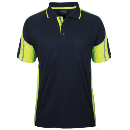 A front view of a dark blue short-sleeve polo shirt with neon yellow side panels and sleeves. It has a single chest pocket and two gray reflective stripes on the sleeves. Made from durable, moisture-wicking polyester with UPF 50+ protection.