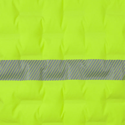 A close-up of a padded, neon yellow fabric with a gray reflective stripe across it. The stripe has a pattern of diagonal lines.