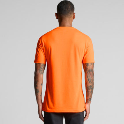 A man with tattoos on both arms models a bright orange short-sleeve t-shirt from the rear.