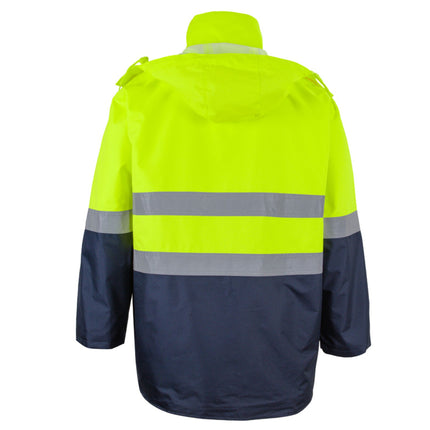 Two-tone safety jacket with reflective stripes on a white background