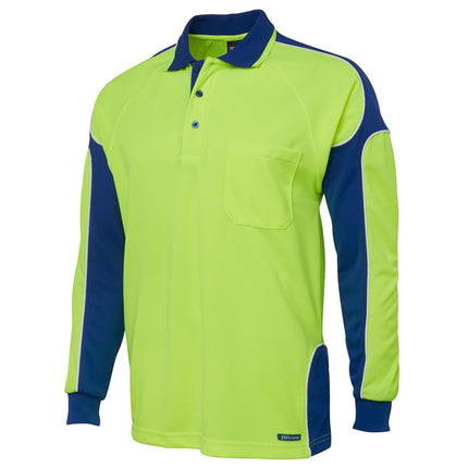 A close-up of a long-sleeve polo shirt. The shirt is neon yellow with dark blue side panels and sleeves, outlined with white piping. It has a high collar with two thin stripes.