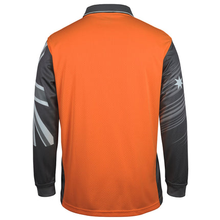 A rear view of an orange and dark gray long-sleeve polo shirt. The back is all orange, and the sleeves are dark gray with white graphics.