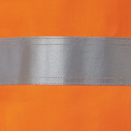 A close-up of an orange fabric with a wide, reflective gray stripe sewn across it. The stripe has a smooth, shiny texture, while the orange fabric has a subtle diagonal weave.