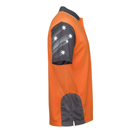 A side view of an orange and dark gray short-sleeve polo shirt. The right sleeve is dark gray with a white Southern Cross star graphic.