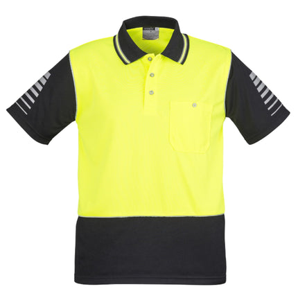 A two-tone polo shirt: neon yellow top, black bottom. It has a collar, chest pocket, and gray reflective stripes on the arms.