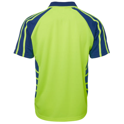 A rear view of a neon yellow and dark blue short-sleeve polo shirt. The back is neon yellow, with a black, athletic-style striped pattern on the sides and sleeves.
