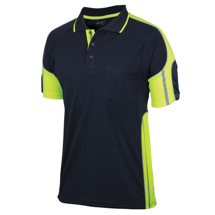 A close-up of a dark blue short-sleeve polo shirt with neon yellow side panels and sleeves. It has a high collar, a three-button front, and a reinforced chest pocket with a pen insert.