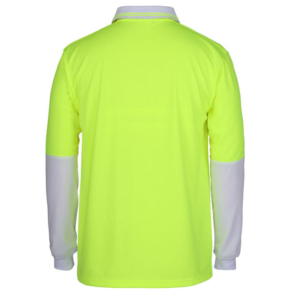 A rear view of a long-sleeve polo shirt. The back is neon yellow, and the sleeves are white.