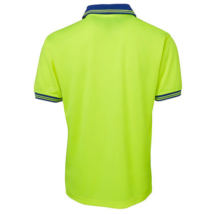 A rear view of a two-tone polo shirt. The back is all neon yellow, and the collar and sleeve cuffs are dark blue with two thin stripes.