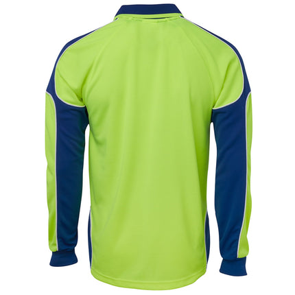 A rear view of a neon yellow and dark blue long-sleeve polo shirt. The back is neon yellow, with dark blue side panels and sleeves outlined with white piping.