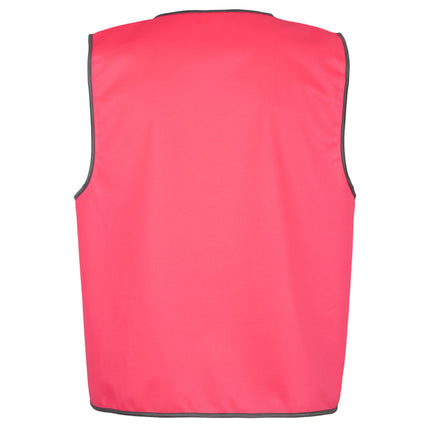 A rear view of a bright red high-visibility vest with gray trim on the neck, armholes, and bottom hem.