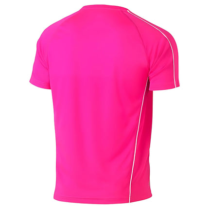 A rear view of a fitted bright pink short-sleeve shirt with white piping on the sleeves and sides.