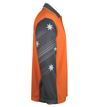 A side view of an orange and dark gray long-sleeve polo shirt. The right sleeve is dark gray with a white Union Jack print.