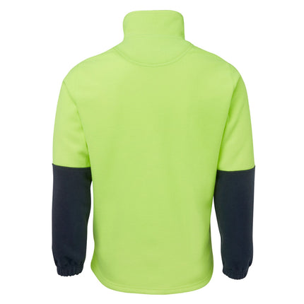 A rear view of a two-tone fleece pullover. The top is neon yellow, and the bottom and sleeves are dark blue.