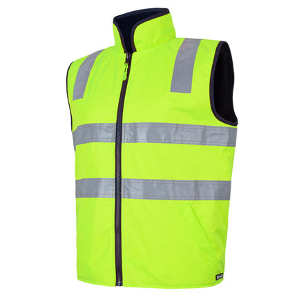 A close-up of a neon yellow, high-visibility vest. It has a high collar with dark blue trim and two wide, gray reflective stripes across the torso and shoulders.