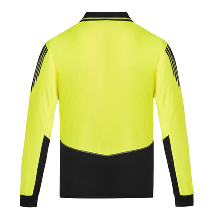A rear view of a neon yellow and black long-sleeve polo shirt. It has black stripes on the shoulders/sleeves and a contrast lower body panel.