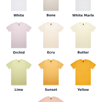 AS Colour 5026 Classic Tee colour chart 1 of 3, showing original supplier photos in White, Bone, White Marle, Orchid, Ecru, Butter, Lime, Sunset, Yellow, Pale Pink