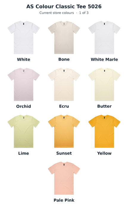 AS Colour 5026 Classic Tee colour chart 1 of 3, showing original supplier photos in White, Bone, White Marle, Orchid, Ecru, Butter, Lime, Sunset, Yellow, Pale Pink