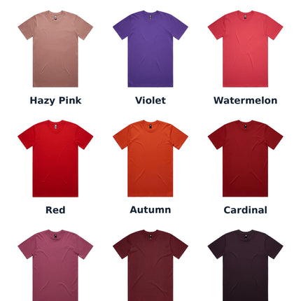 AS Colour 5026 Classic Tee colour chart 2 of 3, showing original supplier photos in Hazy Pink, Violet, Watermelon, Red, Autumn, Cardinal, Berry, Burgundy, Plum