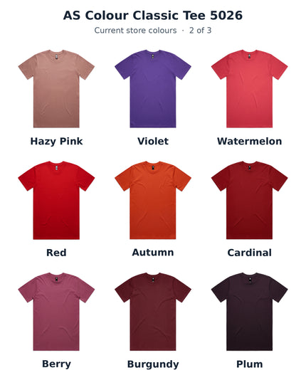 AS Colour 5026 Classic Tee colour chart 2 of 3, showing original supplier photos in Hazy Pink, Violet, Watermelon, Red, Autumn, Cardinal, Berry, Burgundy, Plum