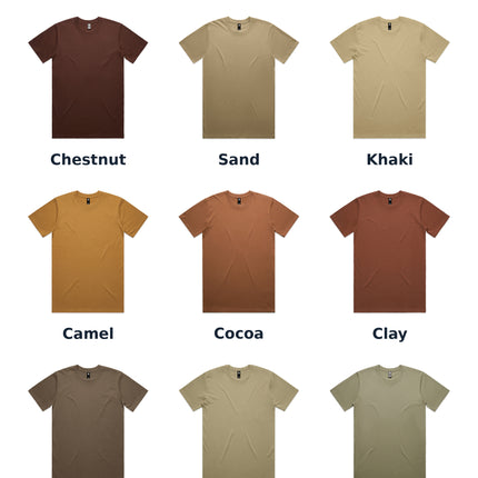 AS Colour 5026 Classic Tee colour chart 3 of 3, showing original supplier photos in Chestnut, Sand, Khaki, Camel, Cocoa, Clay, Walnut, Safari, Eucalyptus