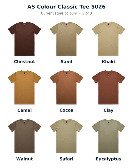 AS Colour 5026 Classic Tee colour chart 3 of 3, showing original supplier photos in Chestnut, Sand, Khaki, Camel, Cocoa, Clay, Walnut, Safari, Eucalyptus