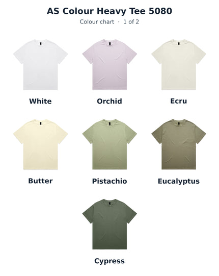 AS Colour 5080 Heavy Tee colour chart 1 of 2, showing original supplier photos in White, Orchid, Ecru, Butter, Pistachio, Eucalyptus, Cypress