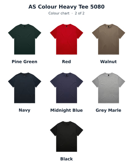 AS Colour 5080 Heavy Tee colour chart 2 of 2, showing original supplier photos in Pine Green, Red, Walnut, Navy, Midnight Blue, Grey Marle, Black